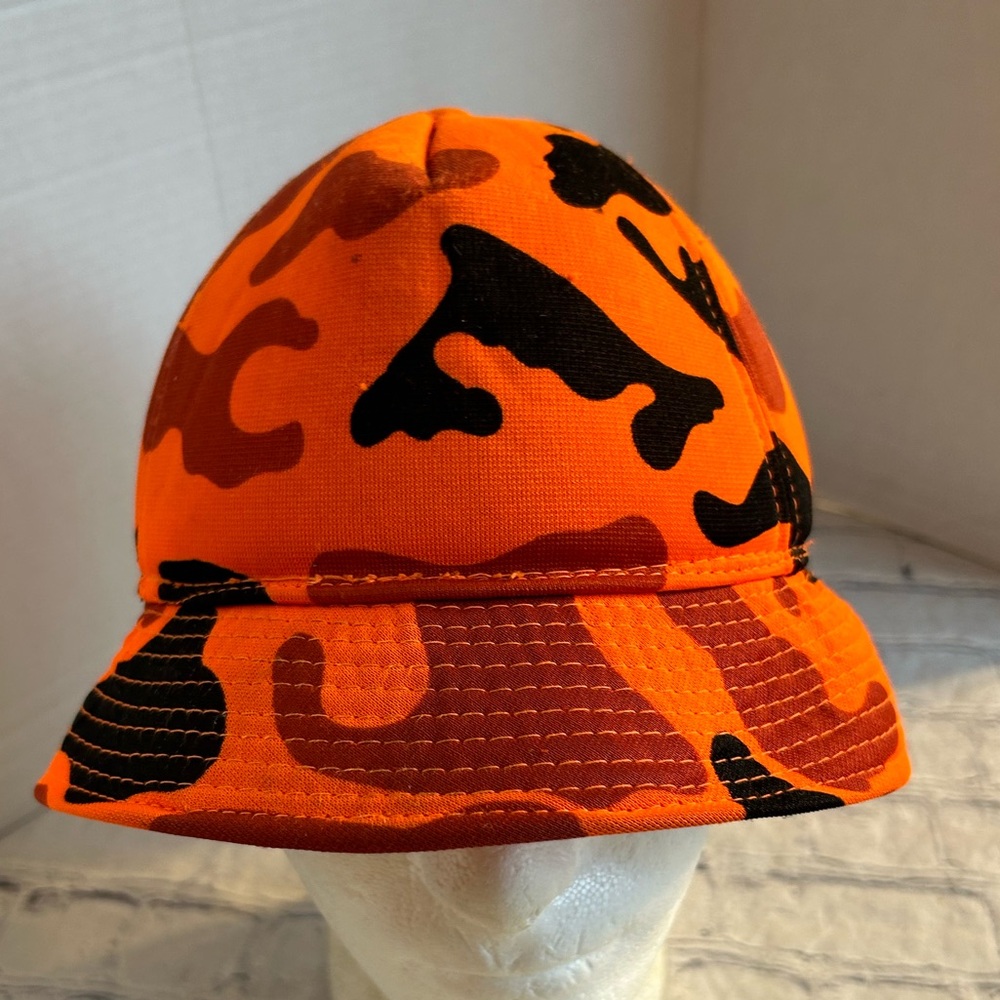 VINTAGE ORANGE/BLACK/BURGUNDY  CAMOUFLAGE HUNTING BUCKET HAT MENS SIZE LARGE
